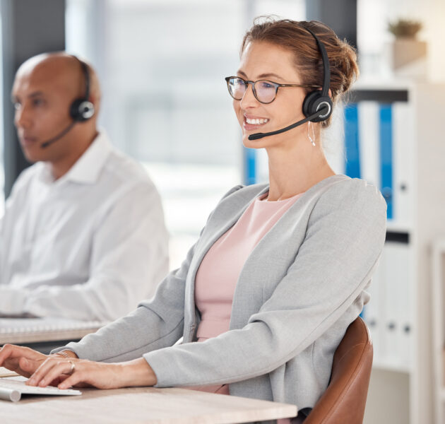 Call center, contact us and worker with a computer for support, help and consulting on the internet. Telemarketing, happy and mature customer service agent typing an email for technical support.