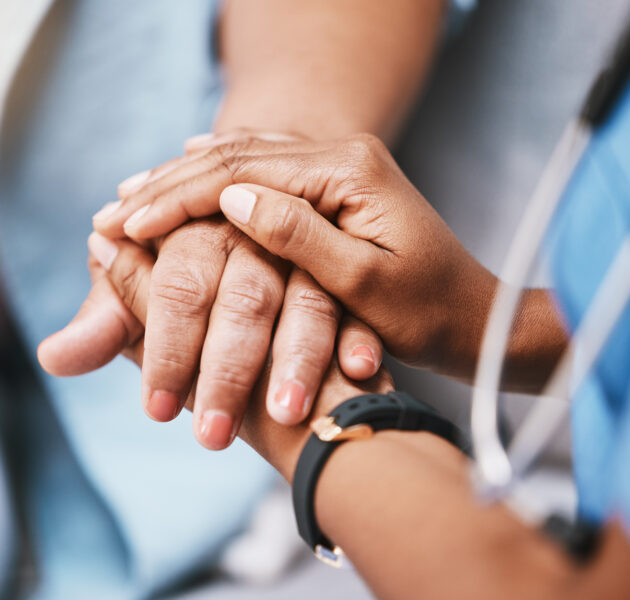 Empathy, trust and nurse holding hands with patient for help, consulting support and healthcare advice. Kindness, counseling and medical therapy in nursing home for hope, consultation and psychology.